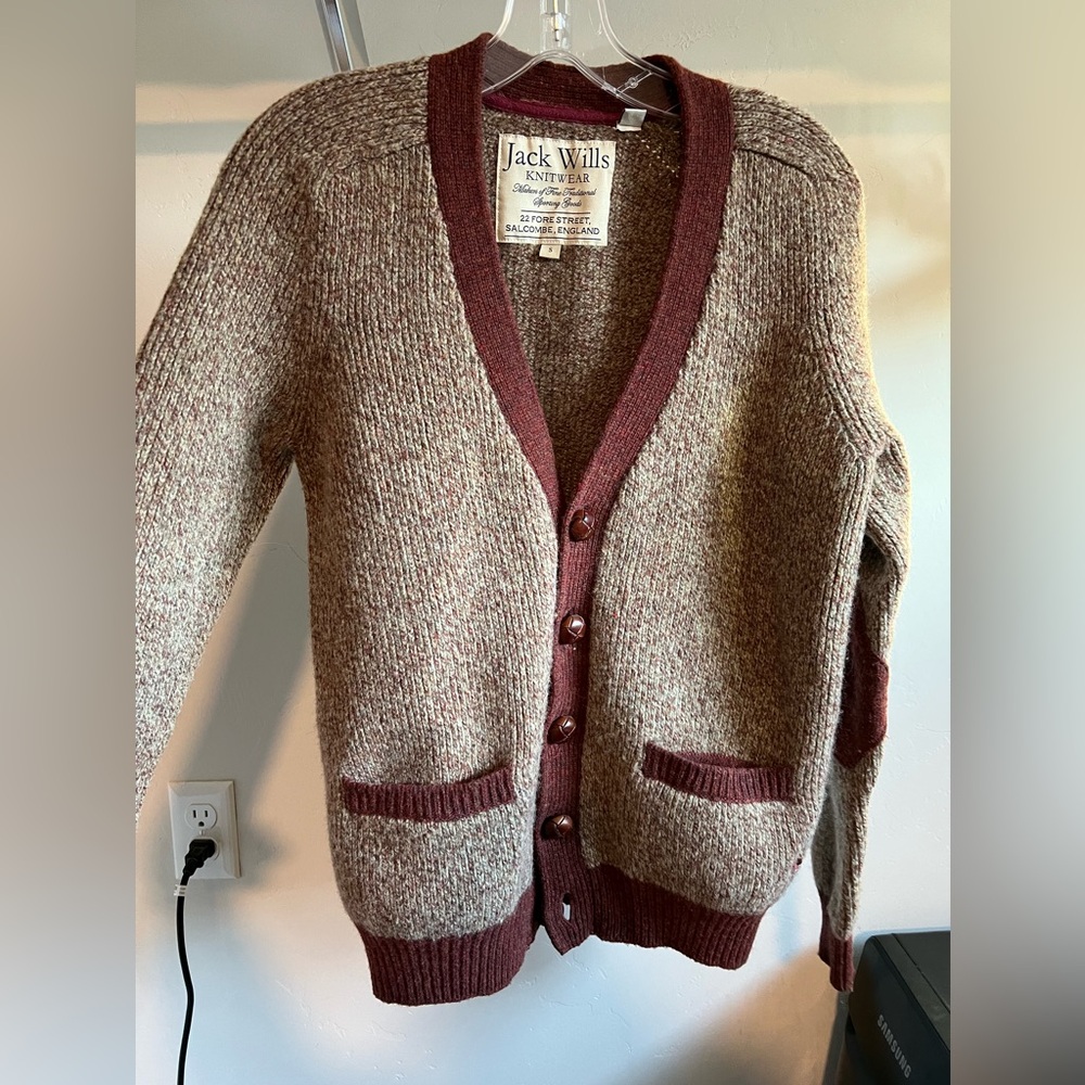 Jack Wills 100% lambs wool cardigan with patch elbows - Size Small